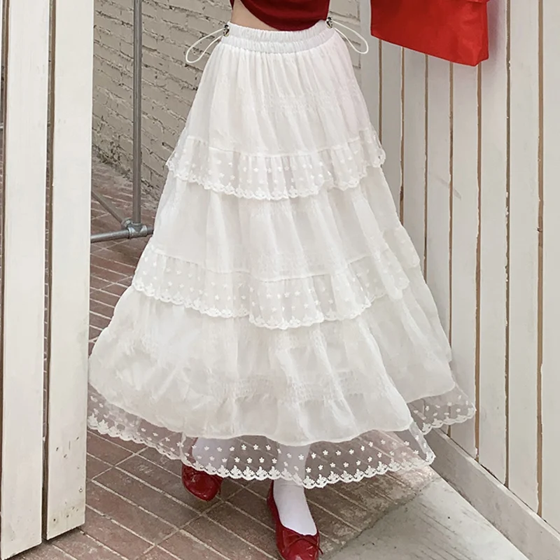 French Style Pregnant Woman Lace Skirts for Summer Sweet Mesh Hem Patchwork Drawstring Waist Elegant Maternity Long Cake Skirt