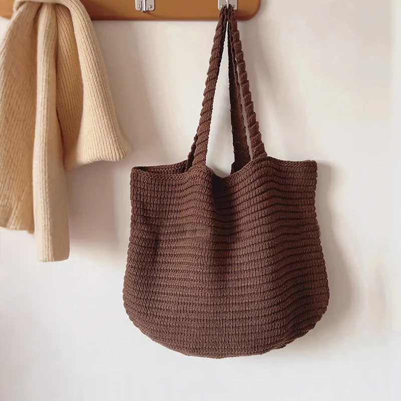 Retro Knitted Handbag for Women Solid Color Large Capacity Autumn Winter Korean Style Travel Handheld Bag