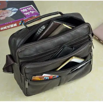 Coffee Men Genuine Leather Shoulder Bag Male Cowhide Leather Handbags Men's Large Zipper Messenger Bag Travel Tablet Bag Tote