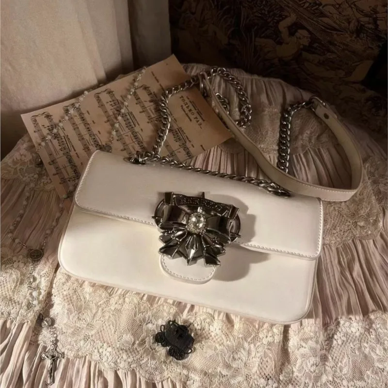 JIAERDI Sweet Bow Chain Handbag Women Square Leather Rhinestone Shoulder Bags Ladies Fashion High End Niche Crossbody Bag 2025