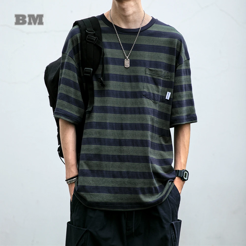

Футболка мужская полосатая с коротким рукавом, модная уличная одежда в японском стиле Харадзюку, повседневный винтажный Топ, лето