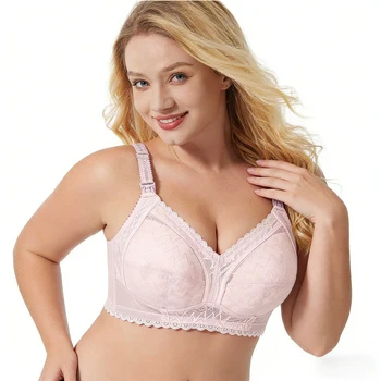 Plus Size EFG Cup Lace Trim Maternity Nursing Bra Full Coverage One-Hand Release Clips Comfortable Breastfeeding Bra