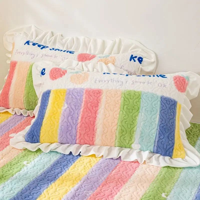 

Milk Velvet Rainbow Color Scheme Pillowcase Winter Plush Thicken Warm Single Bedding Pillow Cover Lace Decor Sweet Cute Lovers