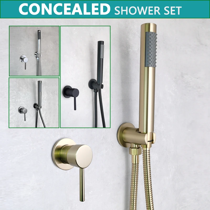 Bathroom Shower Set Brass Black Gold Grey In Wall Mounted Concealed Faucet Hot and Cold Mixer with Handset Valve Bracket Holder