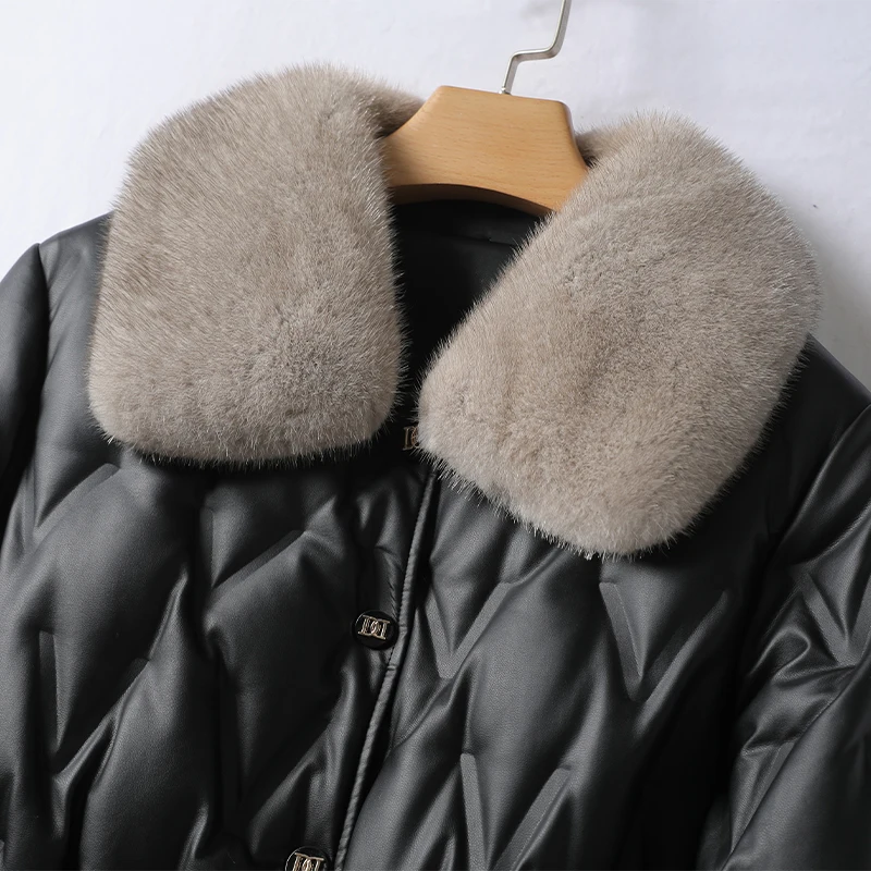 Women's Winter Mid Length Leather Coat, Black Lace Up Waist Collection, Temperament Mink Collar, White Duck Down Coat