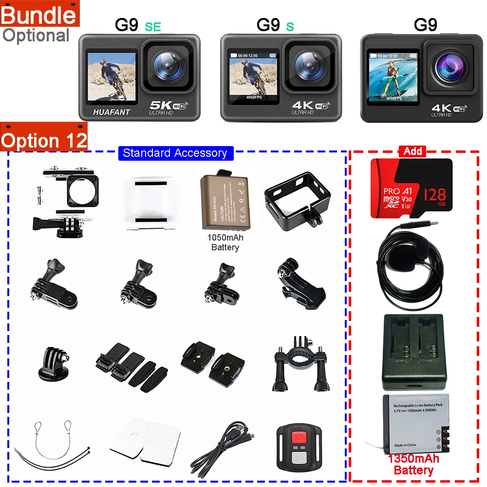 thumbnail image 1 of Cámara de acción G9SE 5K30fps 4K60fps 50MP 2,0 LCD táctil EIS DVR cámara web pantalla Dual Wi-Fi 170D impermeable 30M 5X Zoom cámara deportiva, 1 of 4