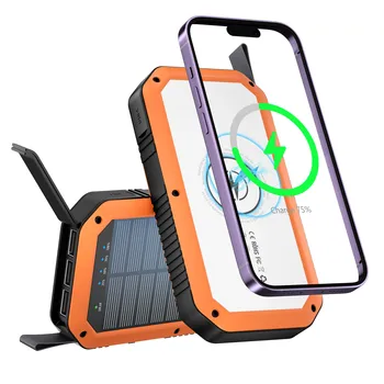 10000mAh Solar Power Bank, Wireless Charger, 3USB+Type-C, Fast Charging, LED Flashlight for Outdoor Camping Emergency