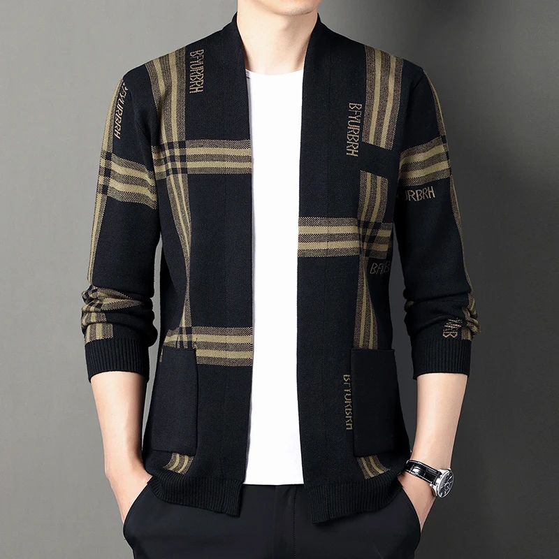 

2023 Hot Selling Men's Knitted Cardigan Trend Fashion Letter Embroidery Printed Stripe Plaid New Cardigan Without Buttons