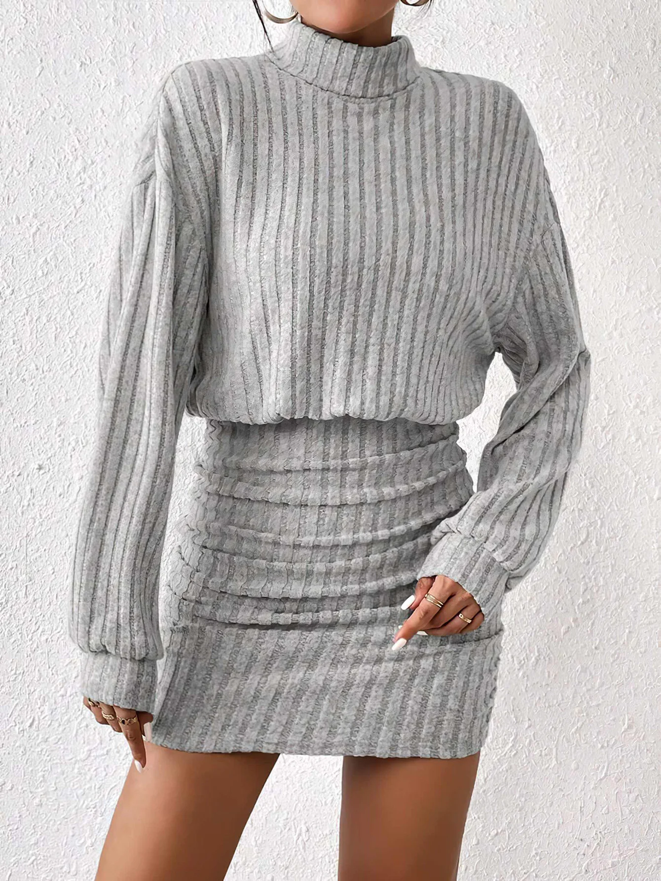Women's Autumn Winter Fashion High Neck Knitted Sweater Dress Female Casual Solid Loose Long Sleeve Warm Mid Length Dresses 4