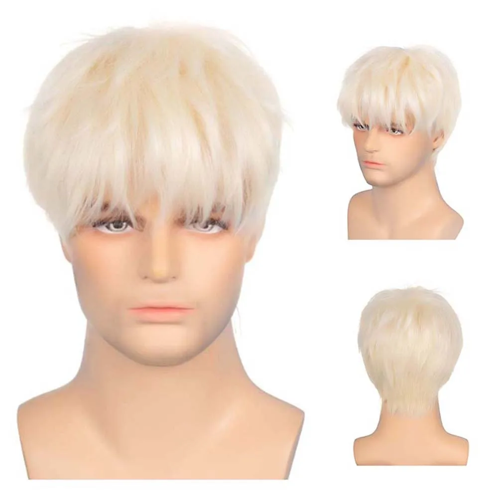 Synthetic Pale Gold Hair Mens Wig Cosplay Short Curly Wig for Man Natural Wigs for Men Halloween Costume