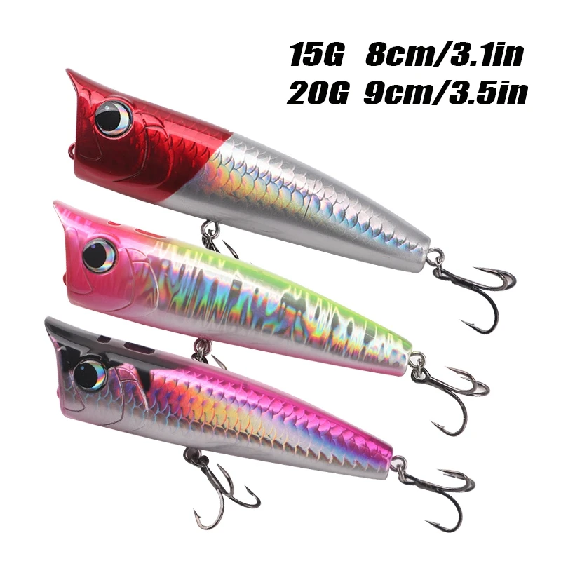 15/20g Popper Fishing Lure Topwater Artificial Bait Spinning Hard Baits Saltwater Fishing Bait for Bass Pike with 2 Treble Hooks