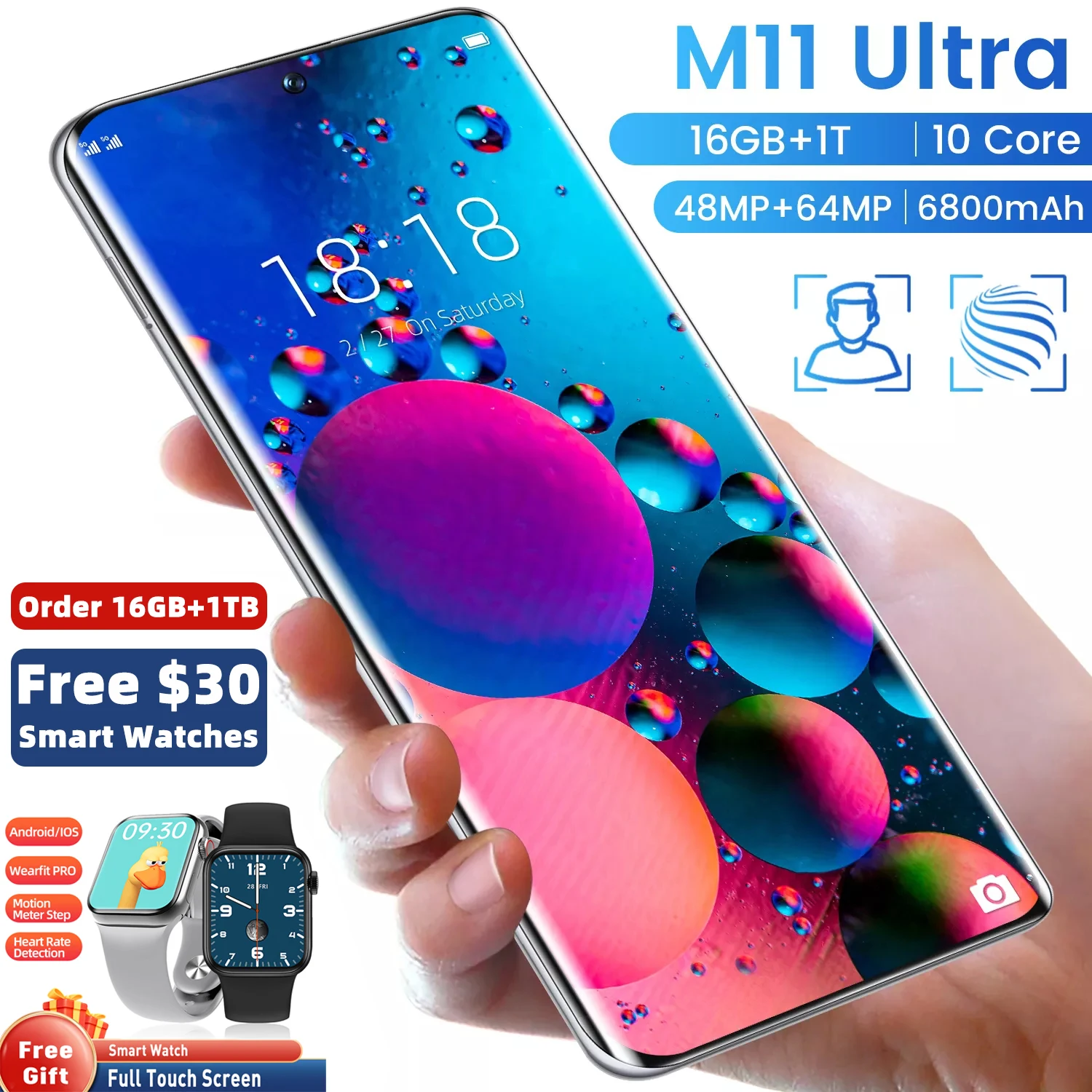 Смартфон Xioami M11 Ultra 4G/телефон 16 ГБ + ТБ 6800 мАч камера 64 мп разблокированные