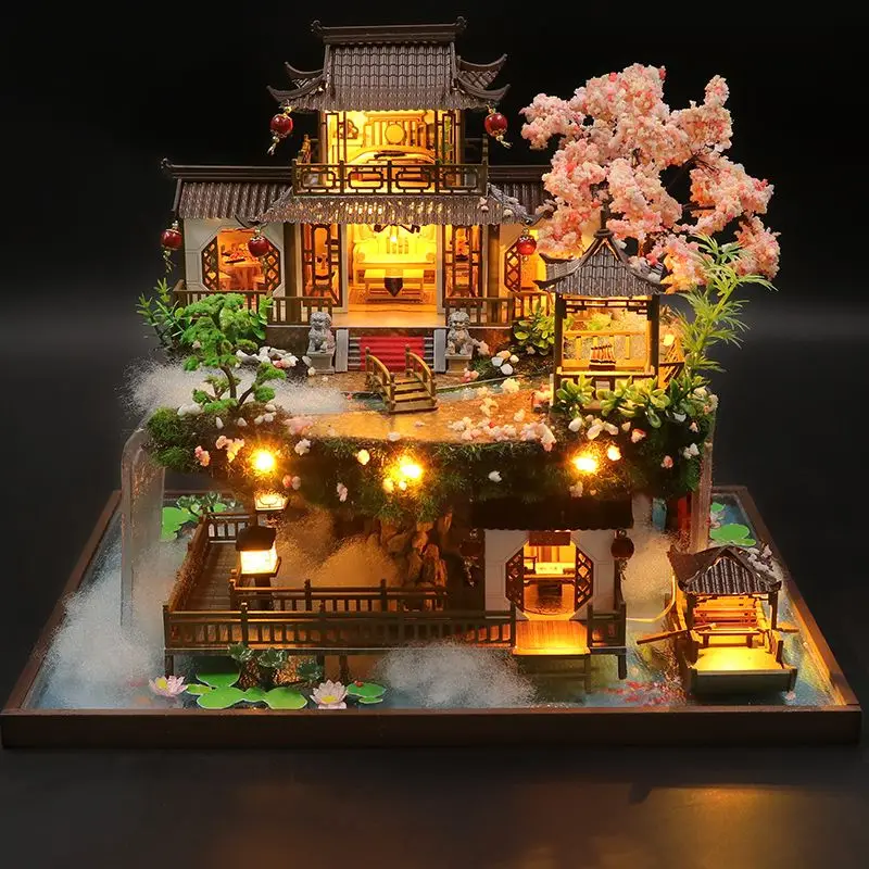 DIY Wooden Miniature Model Kit Chinese Ancient Casa Cherry Blossom Villa 3D Puzzle Dollhouse With Furniture Lights Home Decor 4