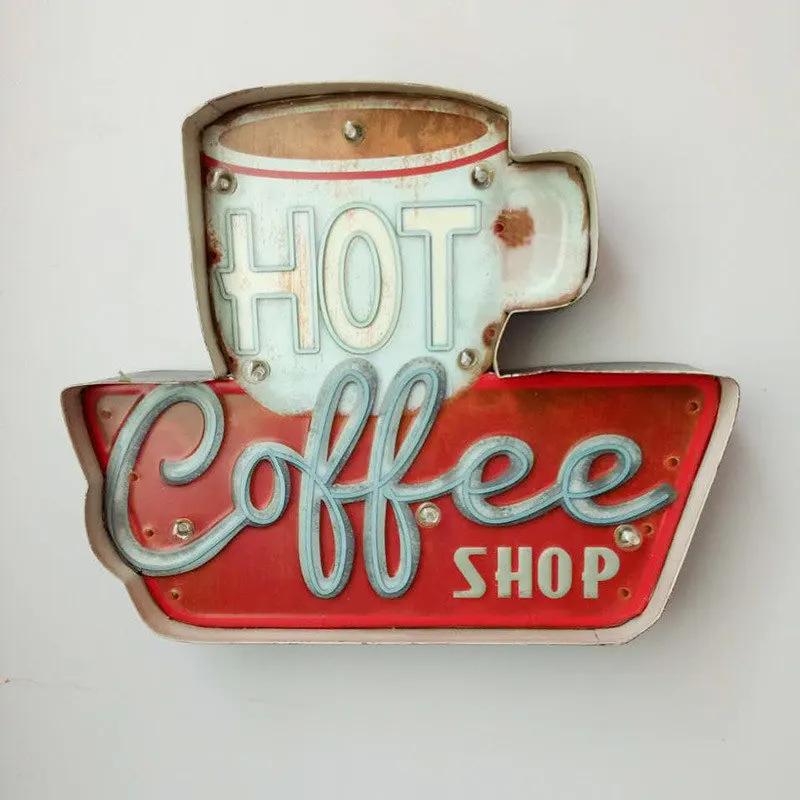 

Hot Coffee LED Signs Vintage Cafe Shop Decorative Neon Light Home Decor Metal Plate For Wall Retro Coffee Plaque 35.5X5X29.5CM