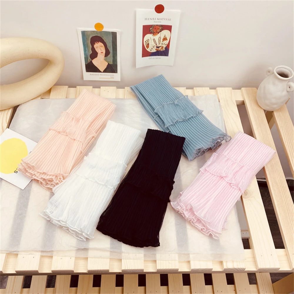 Women\'s Sun Protection Sleeve Cover Long Pleated Breathable Arm Warmer Lace Mesh UV Protection Cover Summer Ice Silk Sleeves