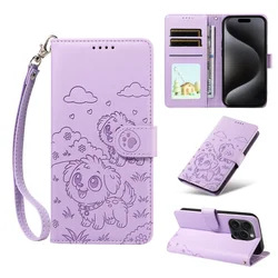 Love Dog Anti - Theft Leather Wallet Phone Case with Brush Lanyard and Card Holder - iPhone 13 Mini (Purple)