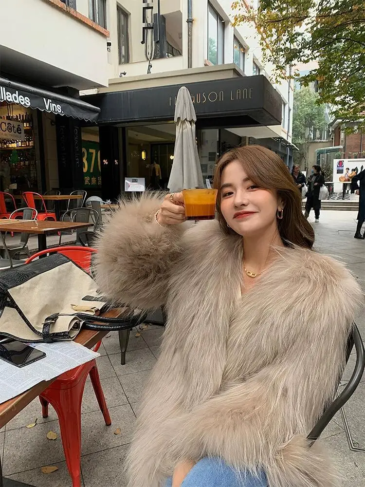Fashion Double-Sided Woven Fur Women's Coat 2023 Autumn Winter Commute Style Real Fur V-neck Long Sleeve Slim Mid-Length Coat