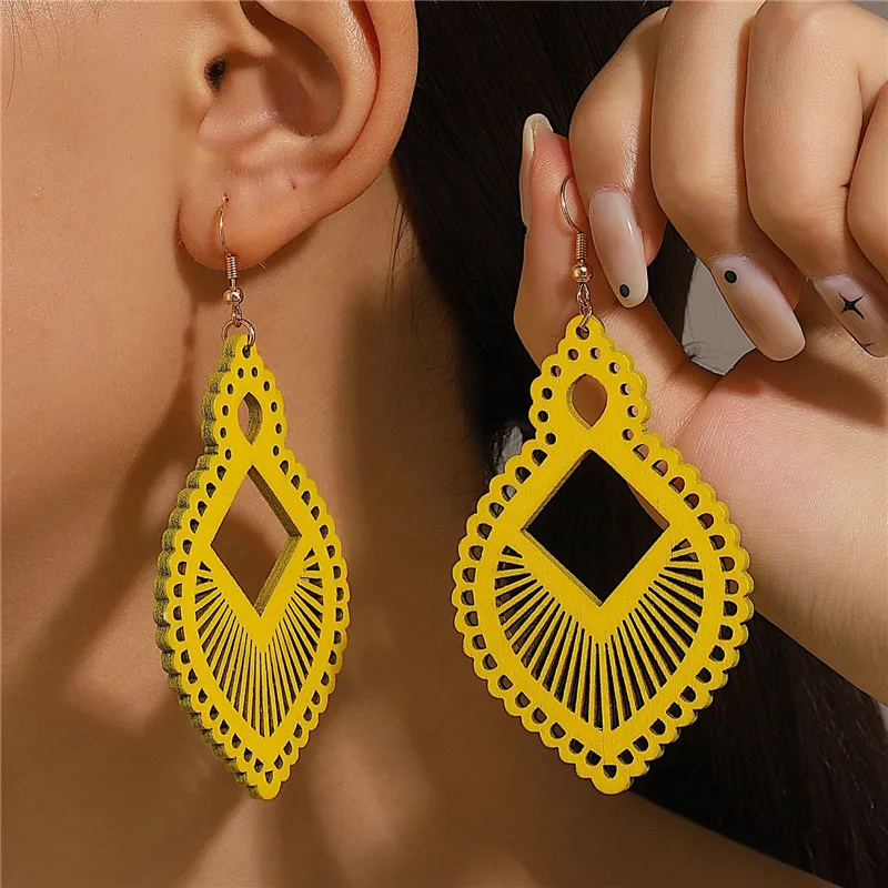 洋銀　鏝 Geometric Wood Earrings - Hexagon Earrings, Lightweight