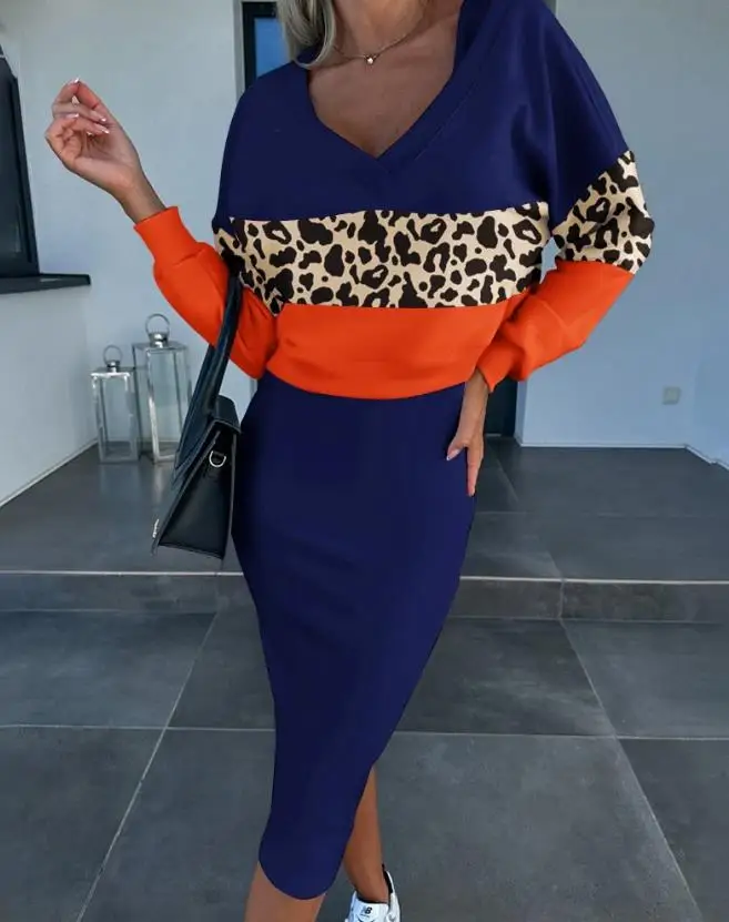

Two Piece Set Women Outfit 2023 Women's Dresses Leopard Print Colorblock Top & Elegant Sleeveless Dress Set Casual Autumn Suits