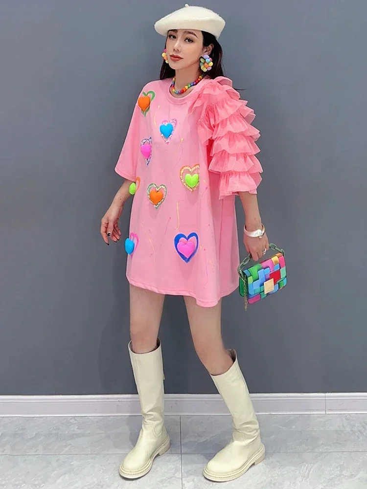 

Женская футболка с оборками и сеткой, шикарная свободная футболка с коротким рукавом и круглым вырезом, с принтом сердца, весна CY434