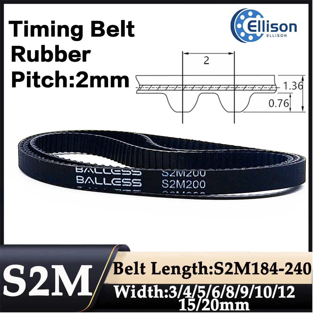 

Black rubber circular arc toothed industrial synchronous belt S2M, bandwidth 3-20mm, belt circumference 182-240mm