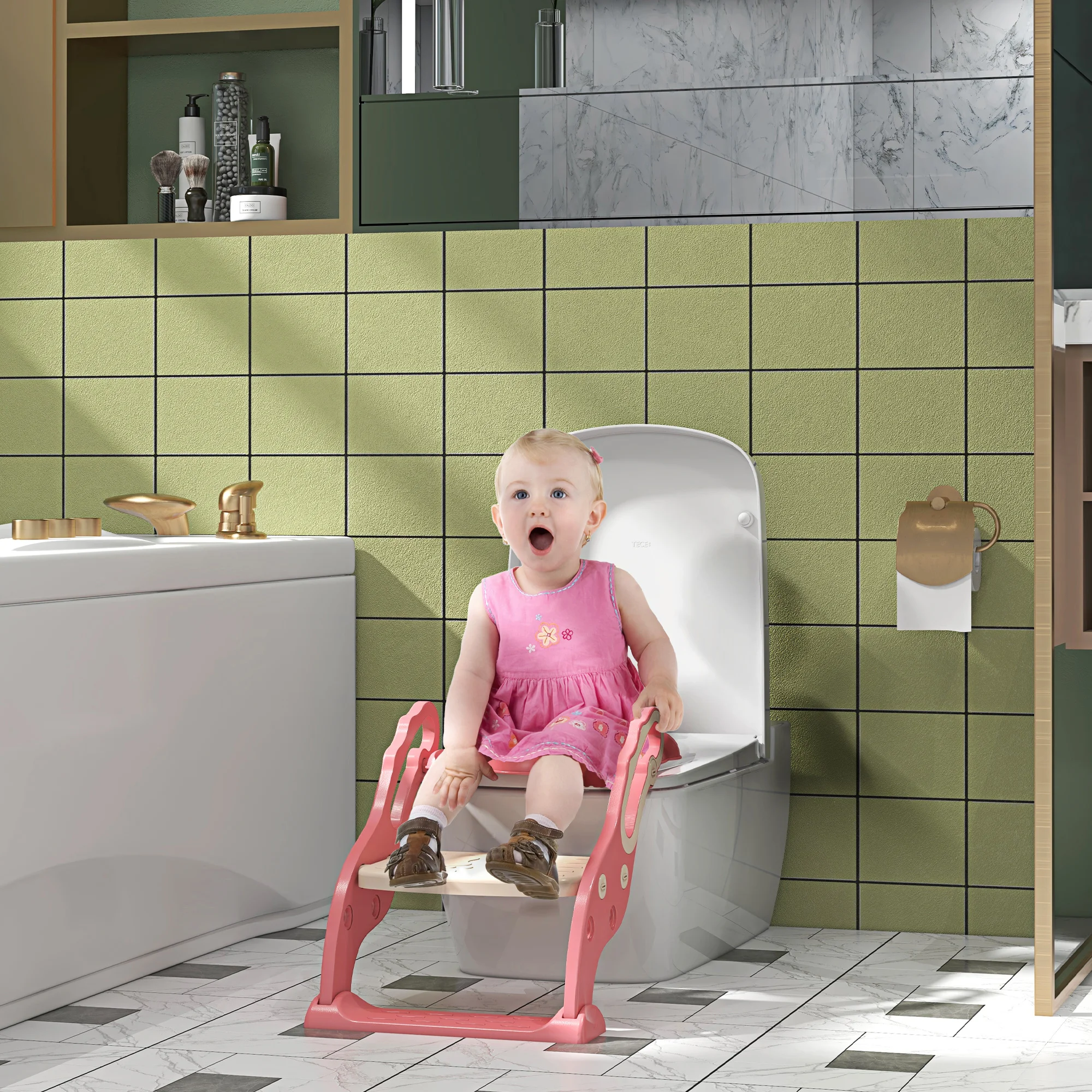 Riduttore WC Bambini Con Scaletta Xespis 2 In 1 - Pieghevole, Regolabile, Antiscivolo, Con Cuscino - Foto 2