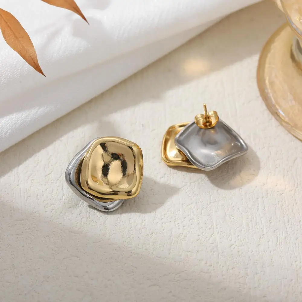 Creative Double Square Two-color Stud Earrings Stainless Steel 18K Gold Plated Statement Earring Thick Polished Chic Jewelry New