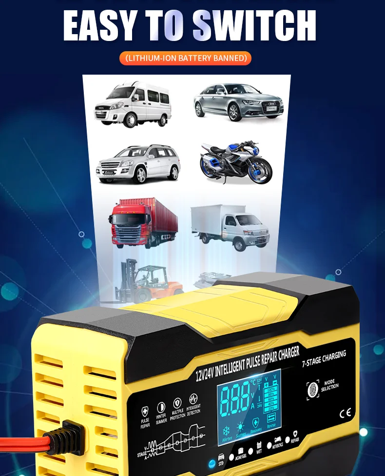 12V-24V Autobatterie ladegerät voll automatisch 12V 10a digitales Autobatterie ladegerät Impuls reparatur für Agm Gel nasse Blei Säure – Detail 5