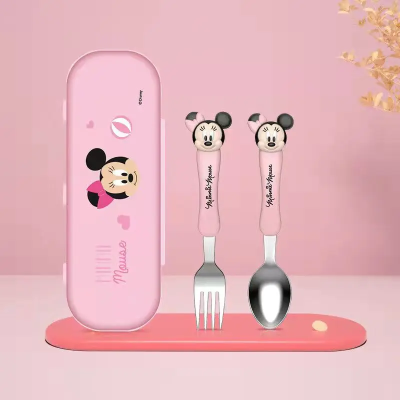 Disney Children's Spoon Fork Set Cartoon Minnie Mickey Kids Stainless Fork Spoon and Storage Box Three-Piece Portable Cutlery