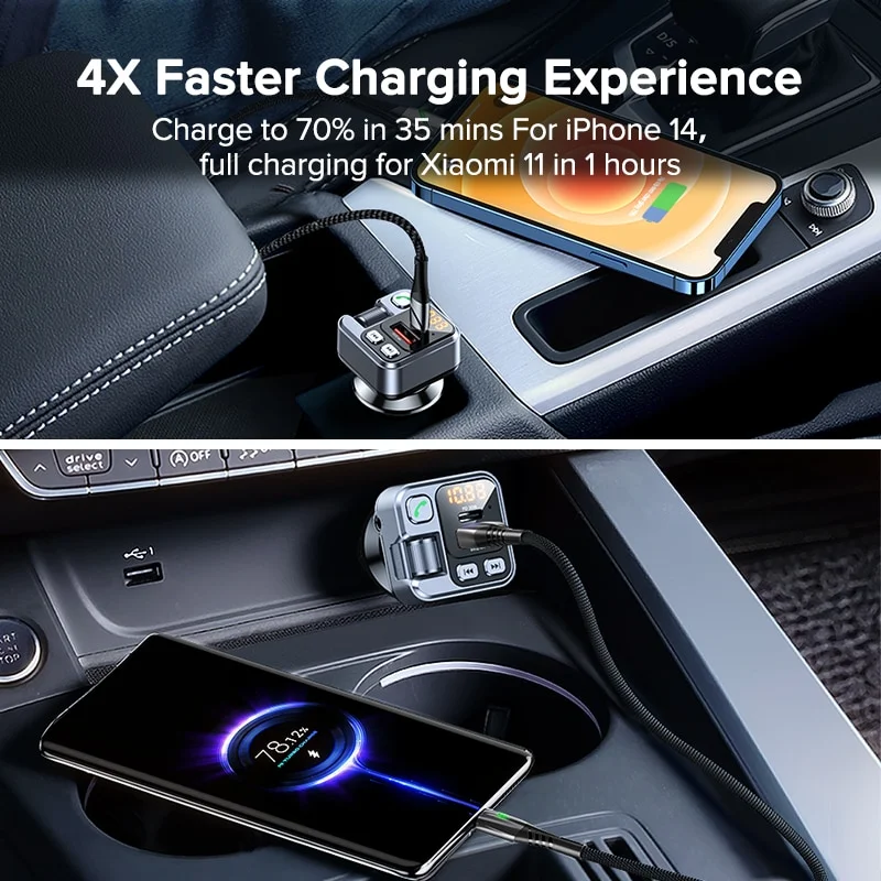 30W USB Type C Car Charger Mobile Phone Adapter FM Transmitter Fast Charge Bluetooth 5.1 MP3 Music Player Portable Quick Charger