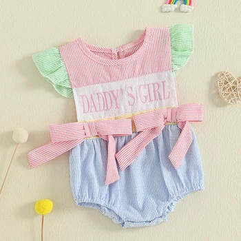 Adorable Baby Girls Romper with Flutter Sleeves Striped Design Cute Bows and Embroidered Letters - Perfect Summer Outfit for 3