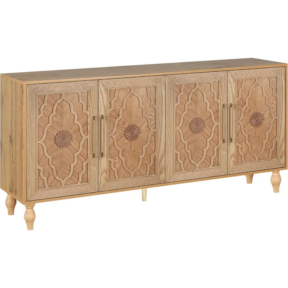 Farmhouse Sideboard Buffet Cabinet Accent Storage Cabinet with 4 Carved Flower Doors and Metal Handless, TV Stand Console Table 4