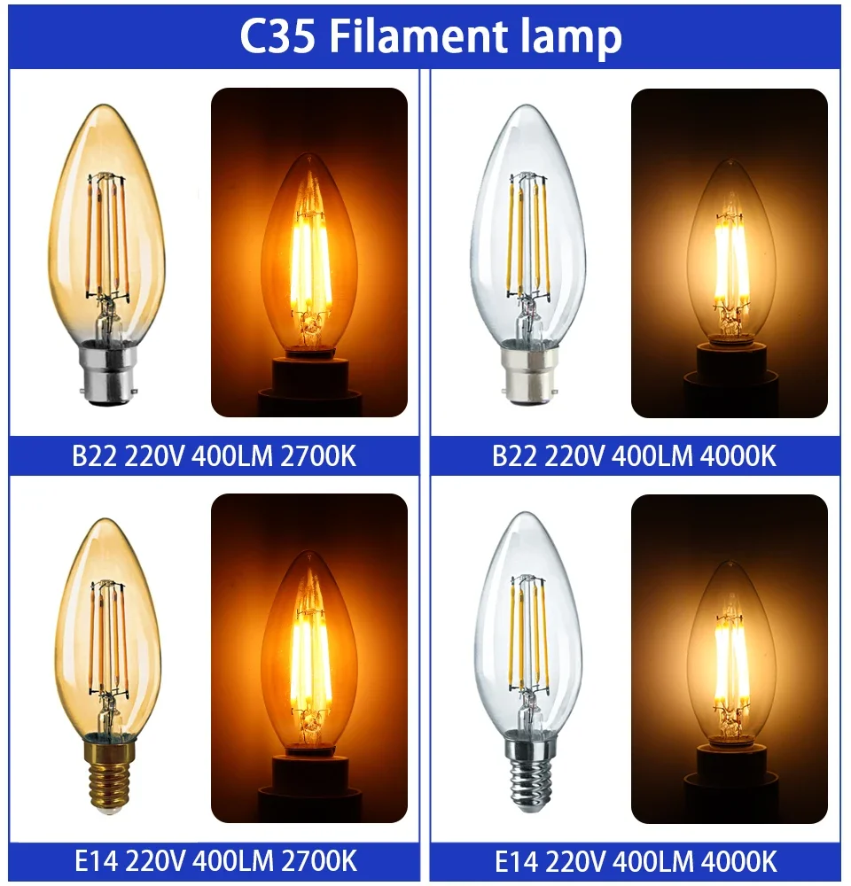 에디슨 빈티지 필라멘트 램프 AC220-240V, 바 및 커피숍에 적합, 4W, 8W, ST64, G80, G95, 2700K, 4000K, 2PCs/로트