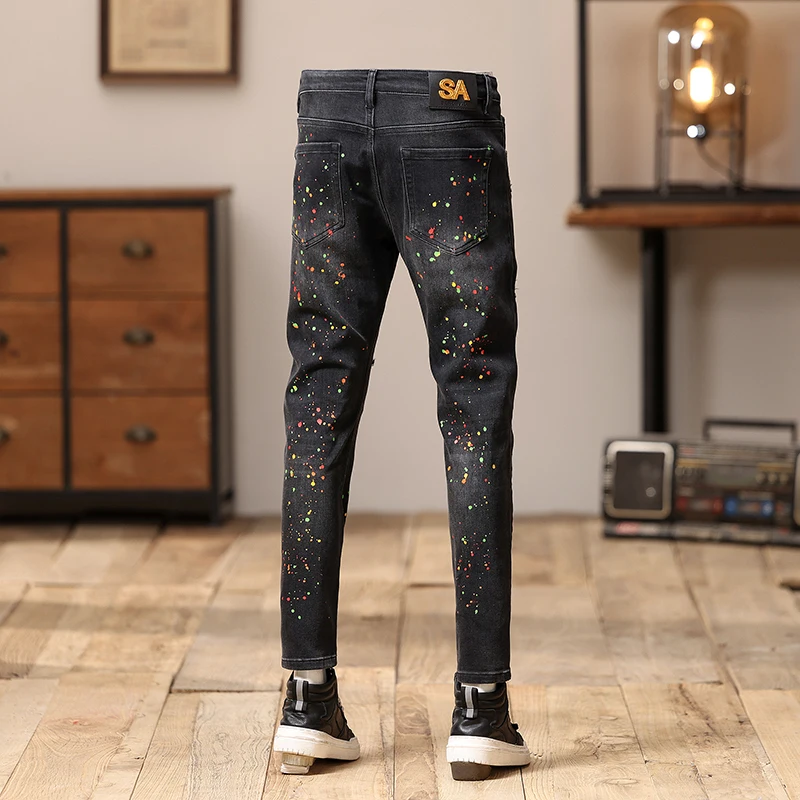 Street Fashion Men Jeans Retro Black Gray Stretch Slim Fit Ripped Jeans Men Painted Designer Hip Hop Splashed Denim Pencil Pants