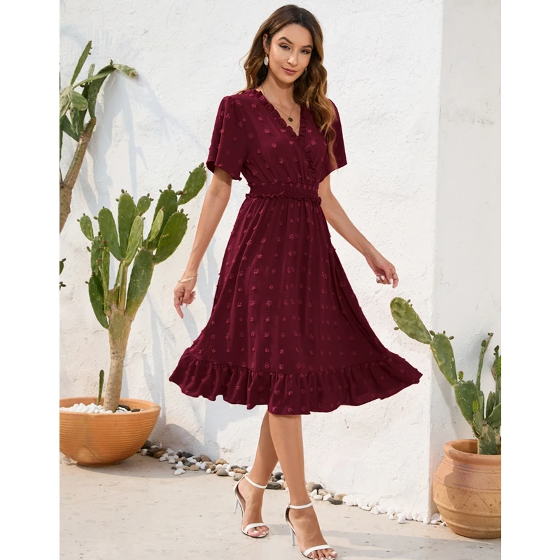 

Casual Short Puff Sleeve V Neck High Waist Ruffle Vacation Long Dress Summer Women Elegant Corset Bohemian Dress
