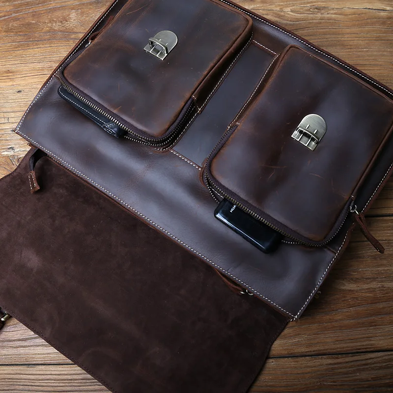 NZPJ Retro Leather Men's Handbag Crazy Horse Leather Horizontal Computer Bag Top Layer Leather Men Casual Shoulder Messenger Bag