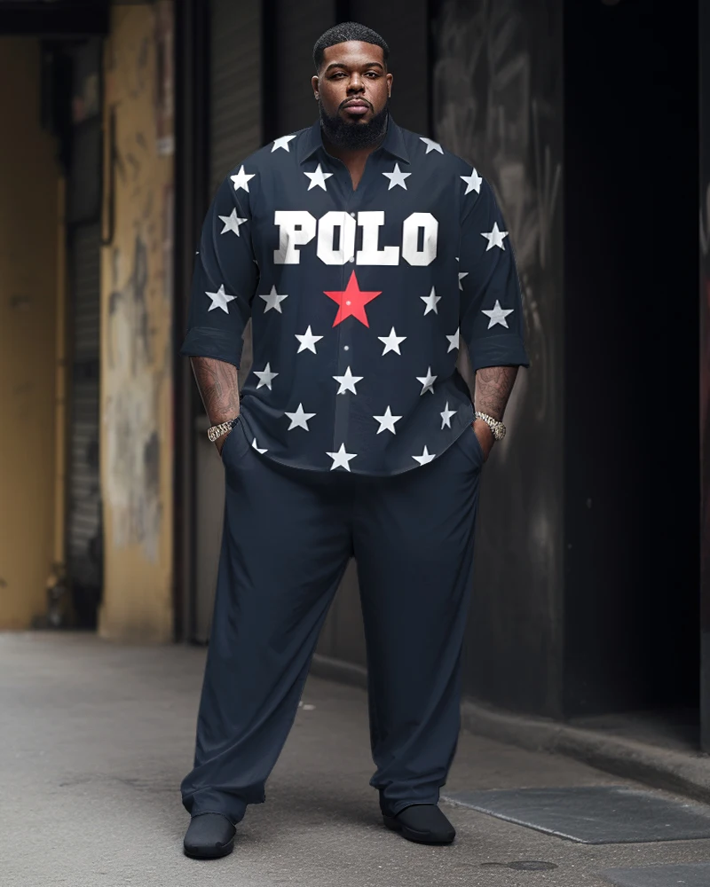 Biggmans （L-9XL）Polo Shirt Set for Men's Clothing Business Office Sports Pattern Man Long Sleeves Pants Big and Tall Plus Suit