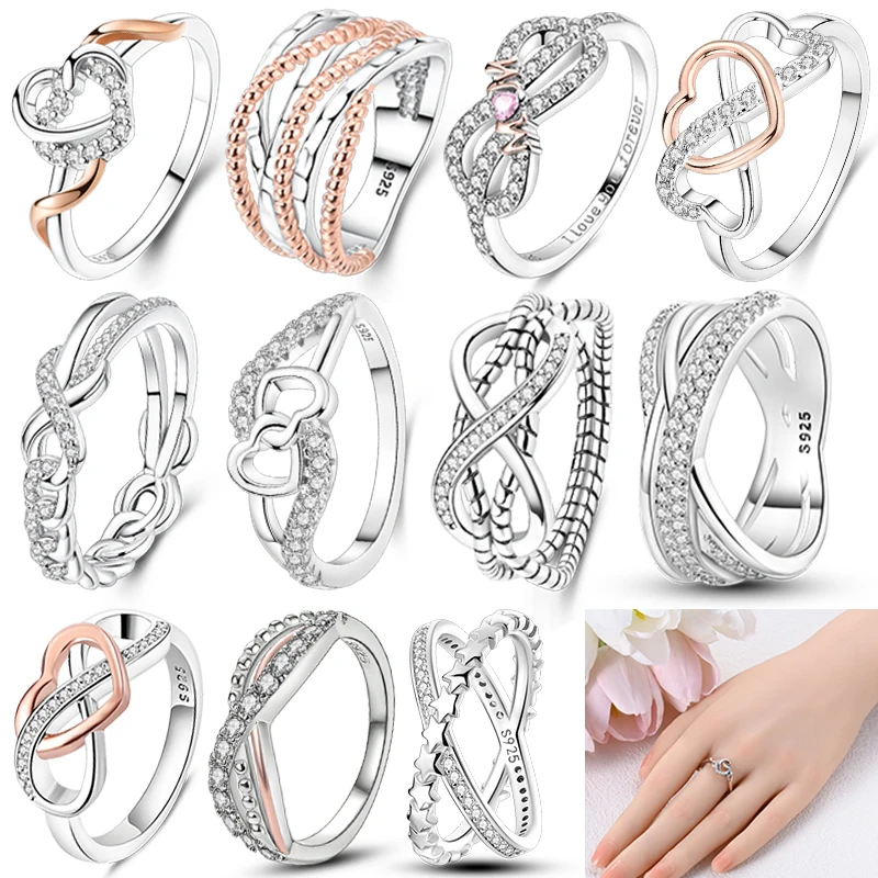 Silver ring Original 925 Sterling Silver Love wrapped ring Women silver finger rings for women Geometric Cubic Zircon Heart wedding jewelry