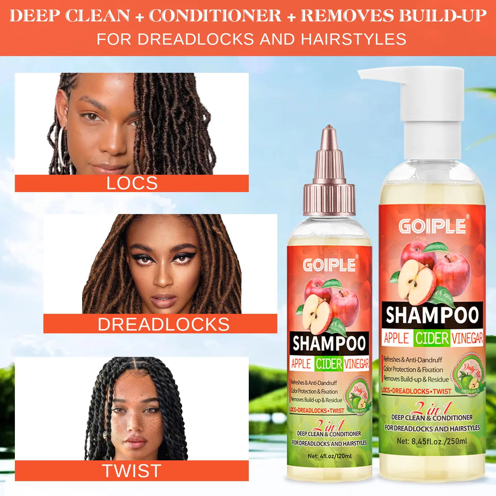 GOIPLE 2 in 1 Apple Cider Vinegar Shampoo Conditioner Refreshes Anti-Dandruff Hair Deep Clean Scalp for Locs Dreadlocks Twist