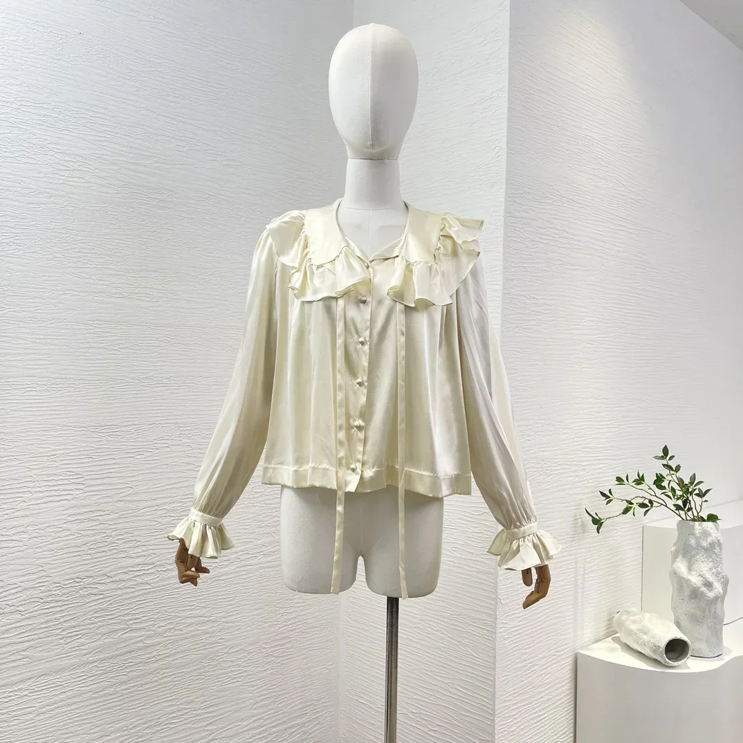 

Новое поступление, женская шелковая бежевая, черная рубашка с длинным рукавом и оборками, блузка, топы для весны и лета