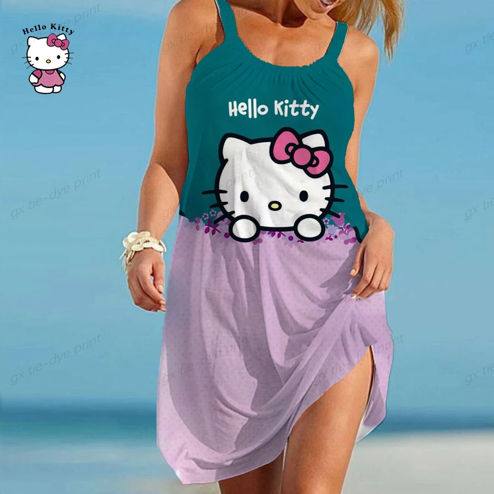 

Hello Kitty 3D Print Sexy Women Beach Dresses Hawaii Boho O-Neck Sleeveless Dress Summer Holiday Hem Loose Beachwear Female Dres