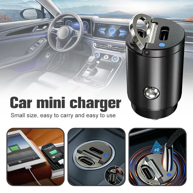 

Mini Universal Car Phone Charger Adapter Cigarette Lighter Pull Ring Metal Dual Usb Type-c Pd 30w Fast Charging Accessories