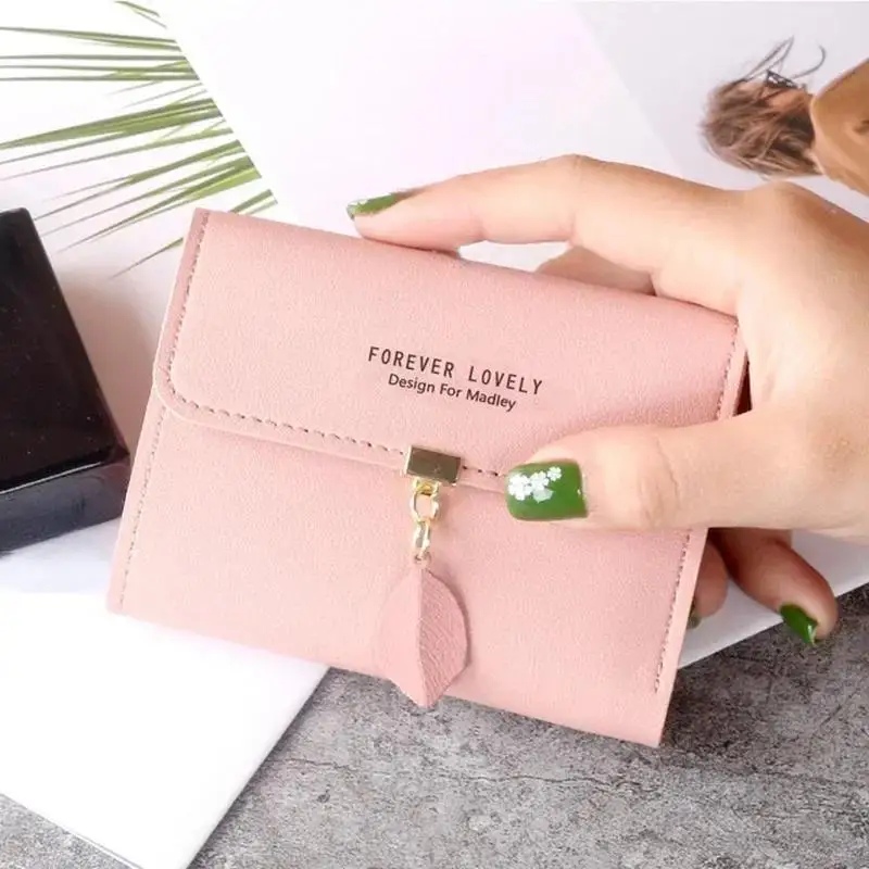 Fashion Leaf Tri-fold Coin Purse Buckle Pendant Thin Wallet New Small Women's Short Student Korean Card Holder Ladies