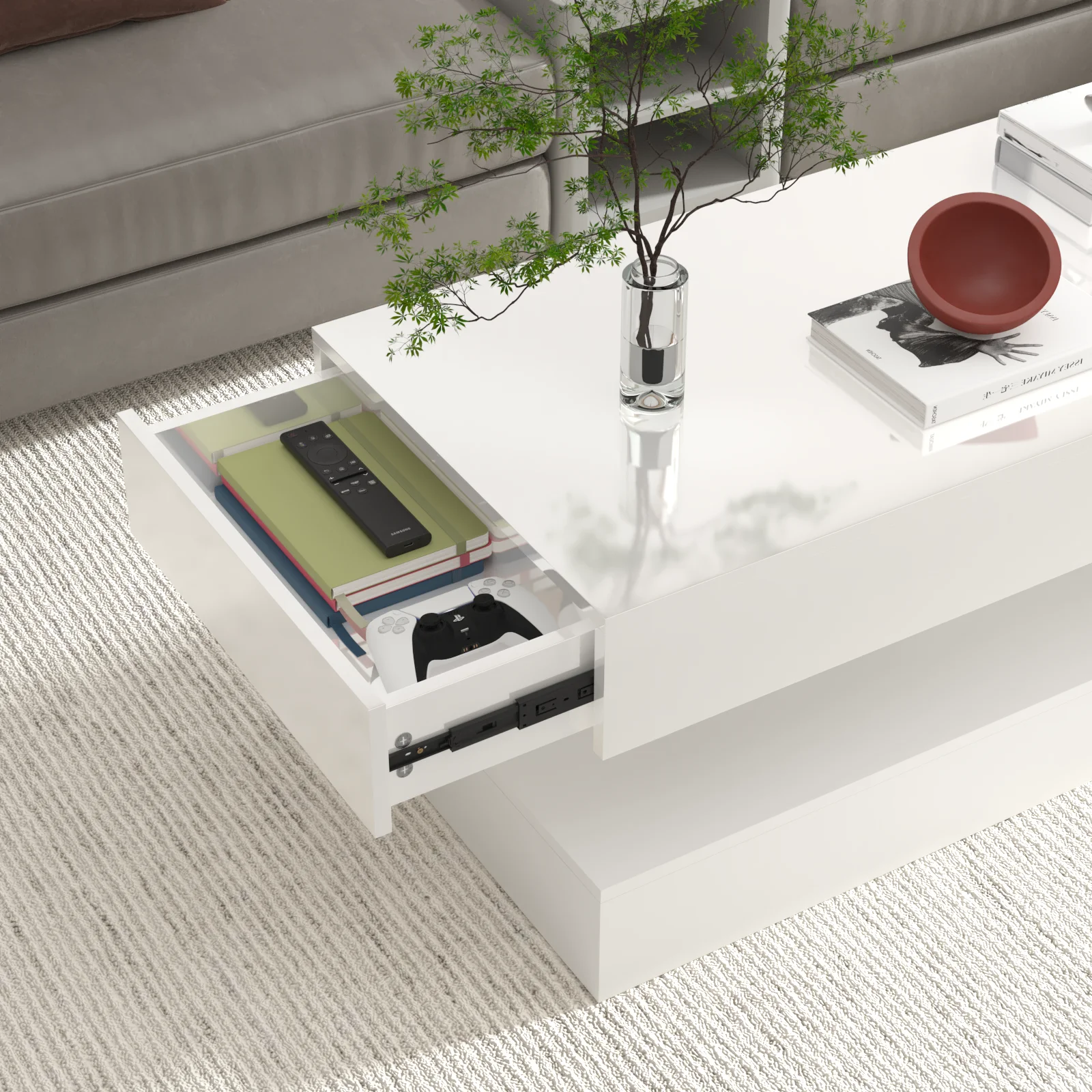 47.3IN High Glossy LED Coffee Table,Modern Center Table with 2 Storage Drawers for Living Room 5
