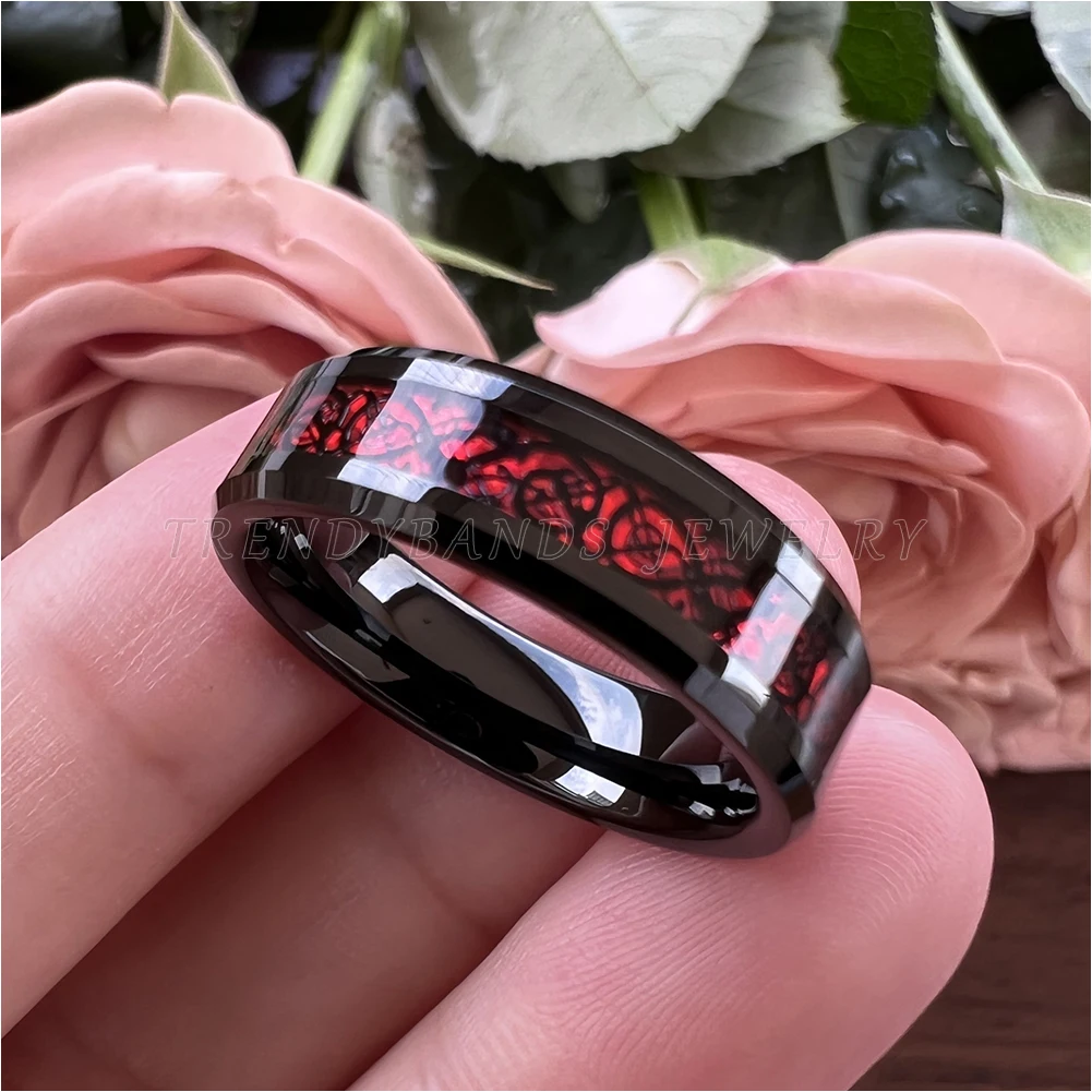 6mm 8mm Mens Womens Schwarz Hartmetall Ring Hochzeit Band Poliert Shiny Red Opal Drache Inlay Comfort Fit mit Abgeschrägten Kanten – Detail 2