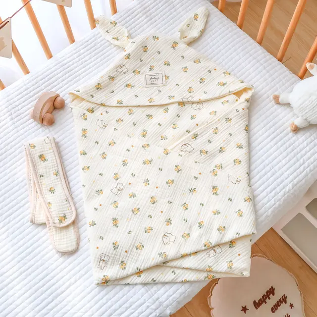 Hooded Baby Swaddle Blanket100% Cotton Spring Summer Newborn Wrap Sun Protection Soft Breathable Skin-Friendly Infant Swaddling 6
