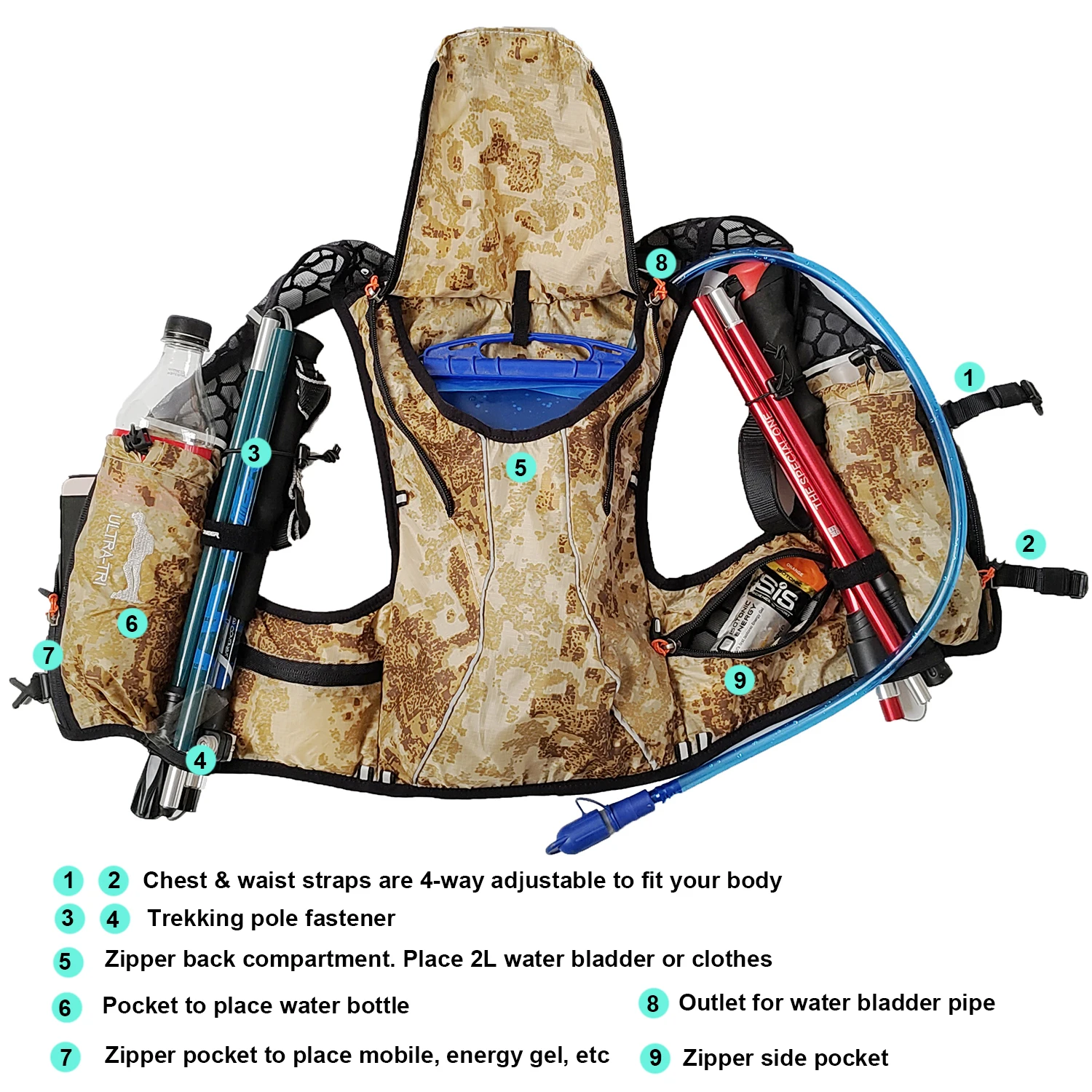 ULTRA-TRI Lightweight Running Backpack Camouflage Hydration Packs Hiking Cycling Jogging 6