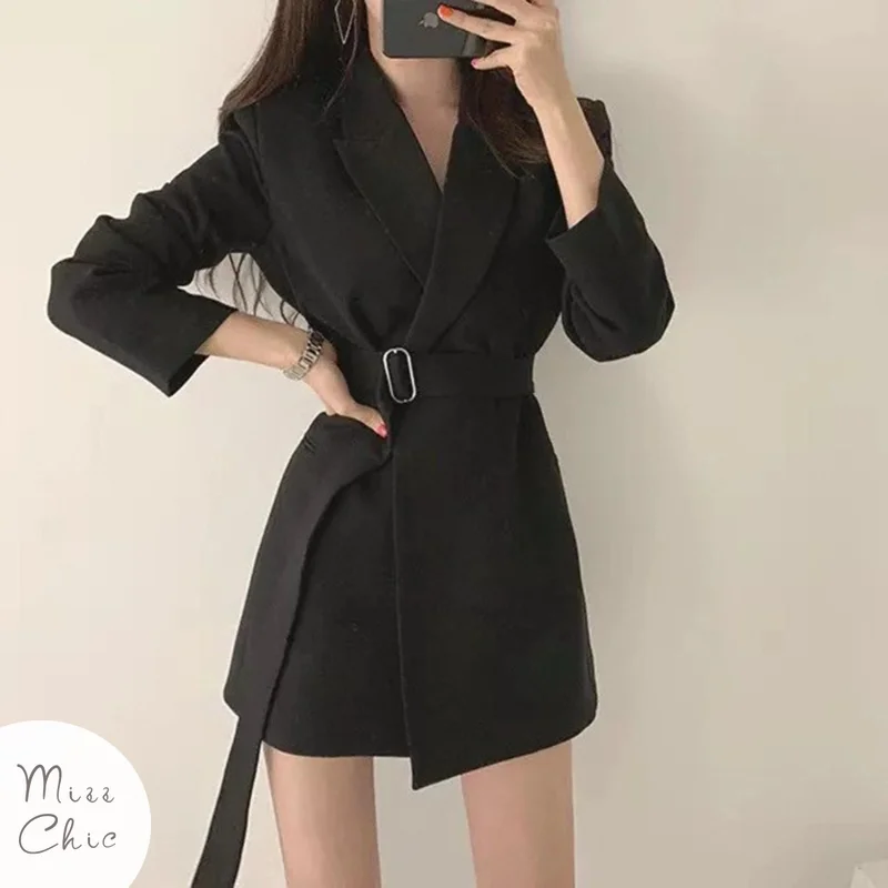 

Fashion Casual Temperament Black Dress Commuting Ins Blazer Office Women Vintage Belt Clothing 2023 Summer New Streetwear