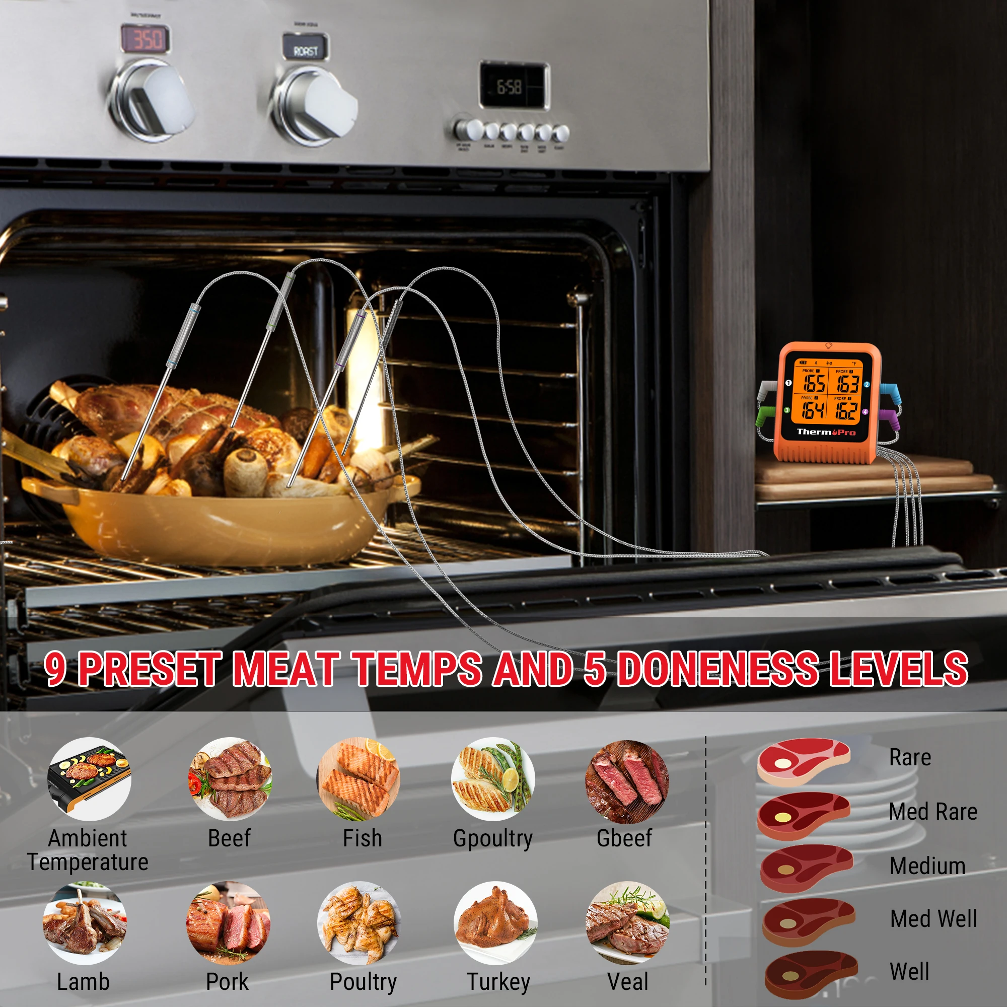 ThermoPro TP930 Wireless 200M Bluetooth Rechargeable Barbecue Grill Kitchen Digital Thermometer With 4 Probes For Meat Oven 5