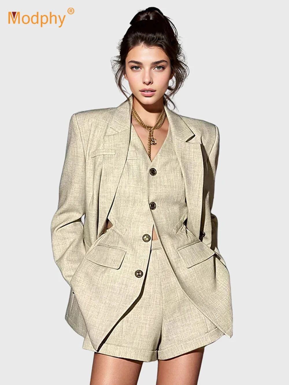 

Modphy Three Piece Set Hollow Out Slim Vest+Single Breasted Blazer+High Waisted Shorts Suits Fashion 2024 Spring Autumn New